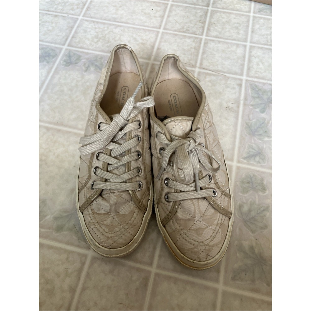 Coach Kalyn Sneakers Womens Size 7.5 Signature C‎ Quilted Beige Canvas Q1951